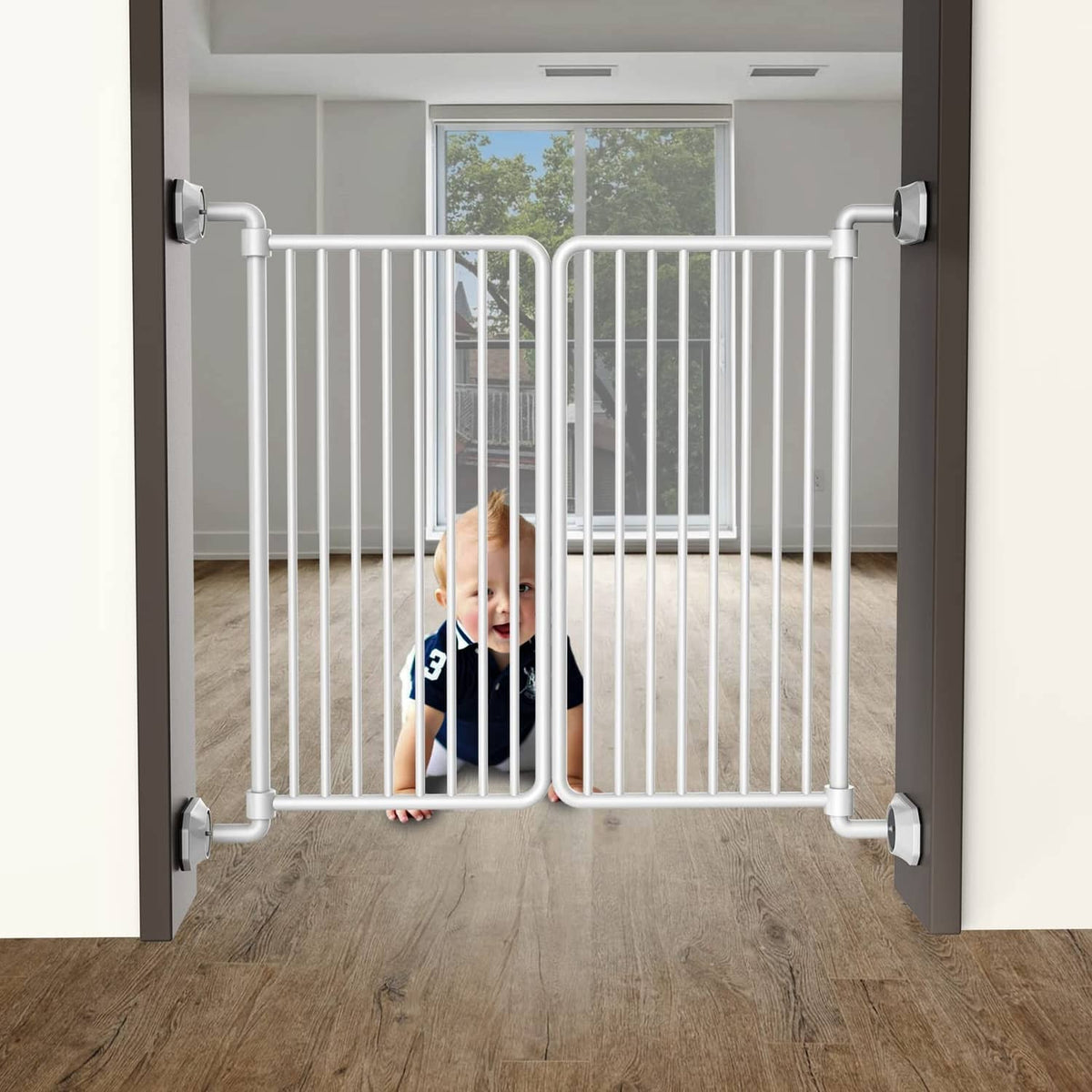 Baby gate with wall protector brackets on both sides of doorway, white posts