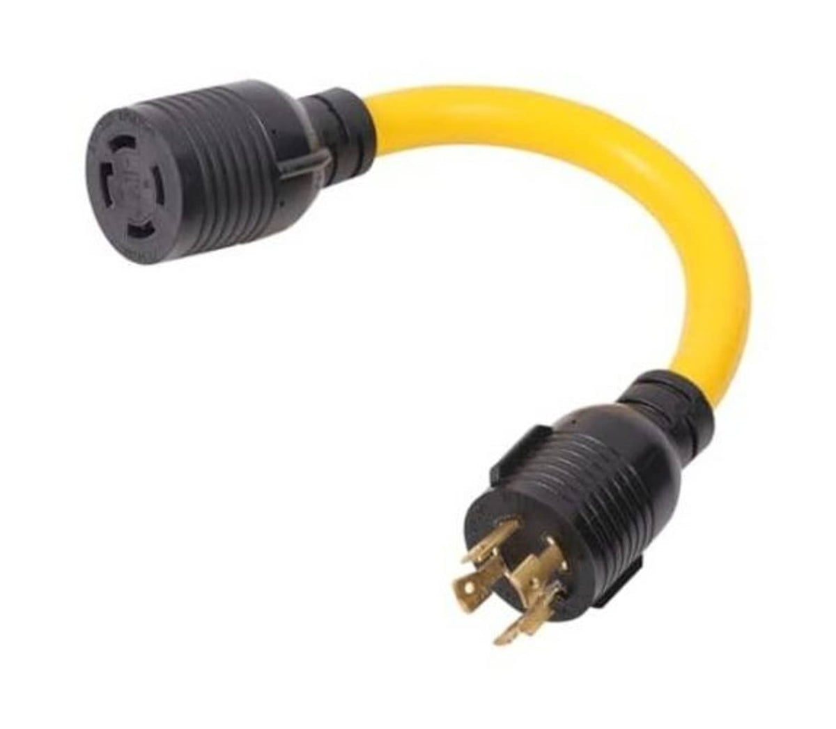 Twist-lock 4-prong plug to 4-prong receptacle adapter cable with yellow cord