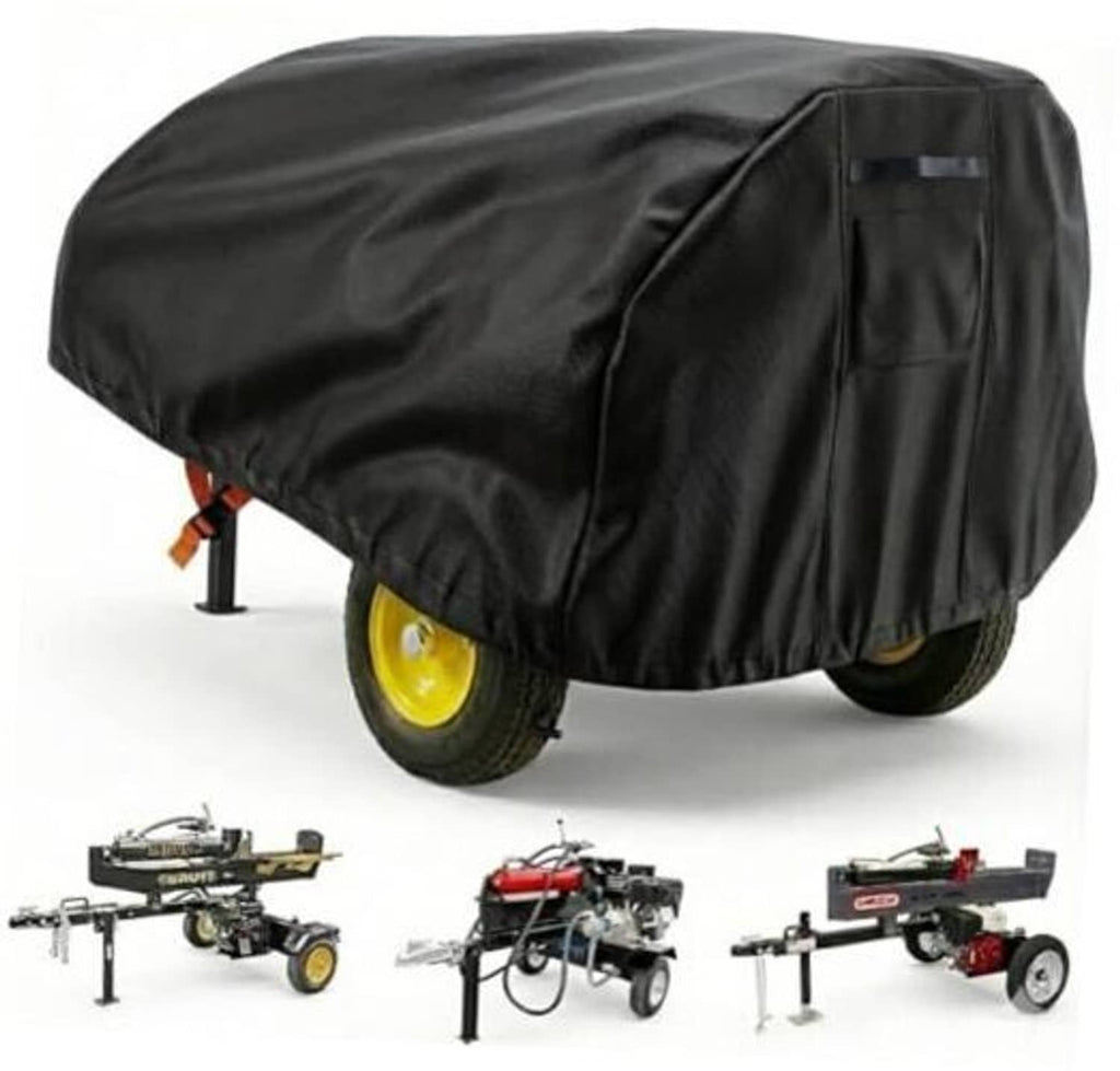 Black log splitter cover with draw straps, fitted over a wheel-mounted splitter.