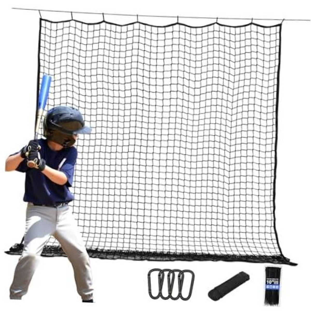 Heavy-duty baseball backstop net with white mesh grid and black perimeter edging