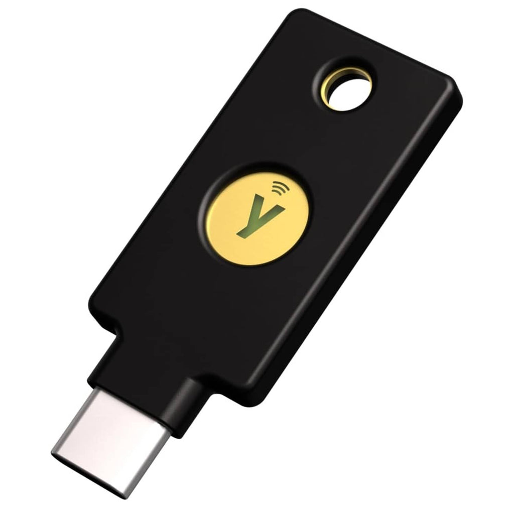 Black USB-C NFC security key with gold Y logo and metal connector