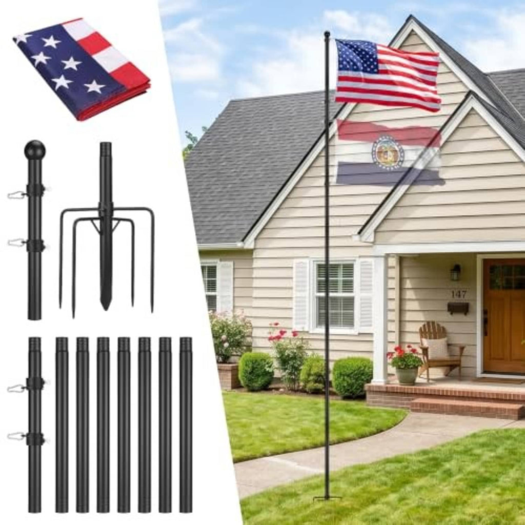 Black flag pole in-ground system with an American flag in front of a house