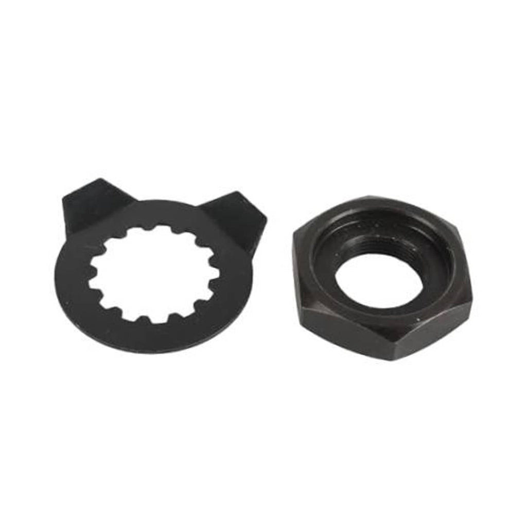 Front sprocket lock nut and toothed bolt washer set, black steel hardware