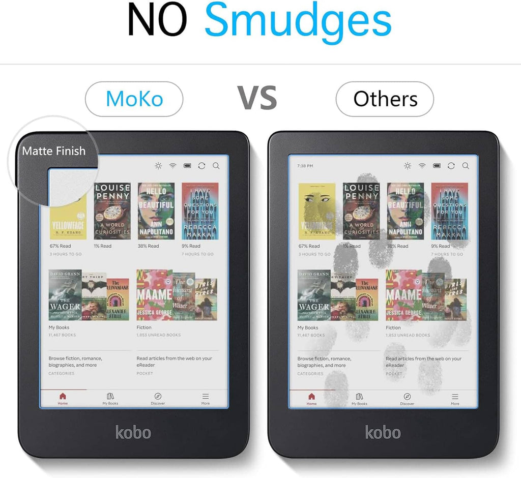 Matte-finish screen protector for e-reader, no-smudges comparison view