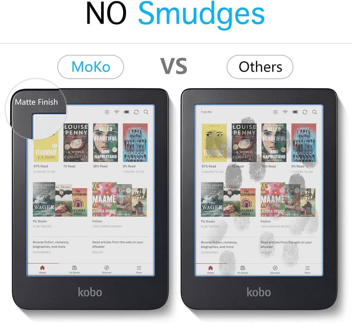 Matte-finish screen protector for e-reader, no-smudges comparison view