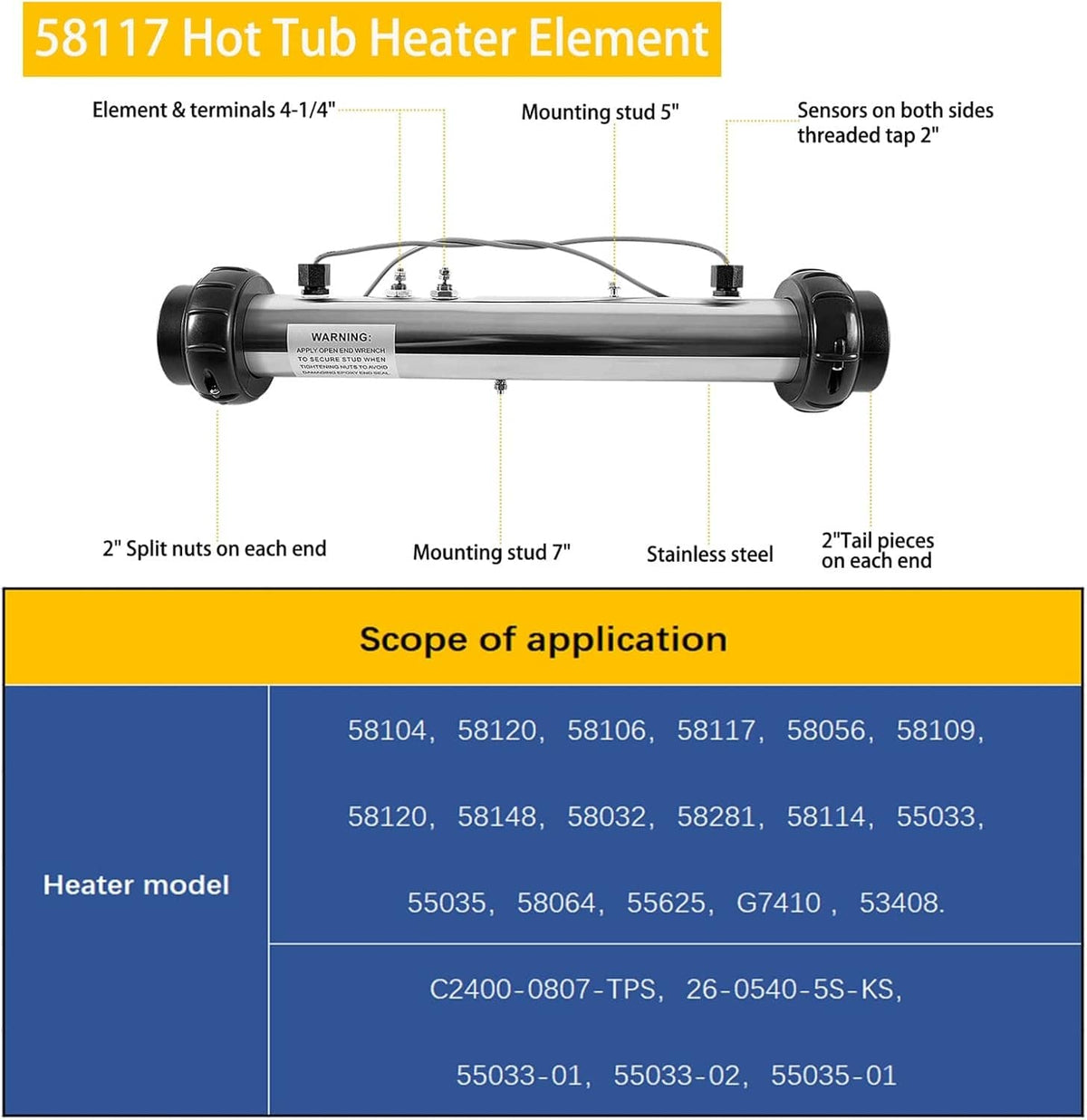 Spa heater assembly with mounting studs, sensors, and stainless steel heating element