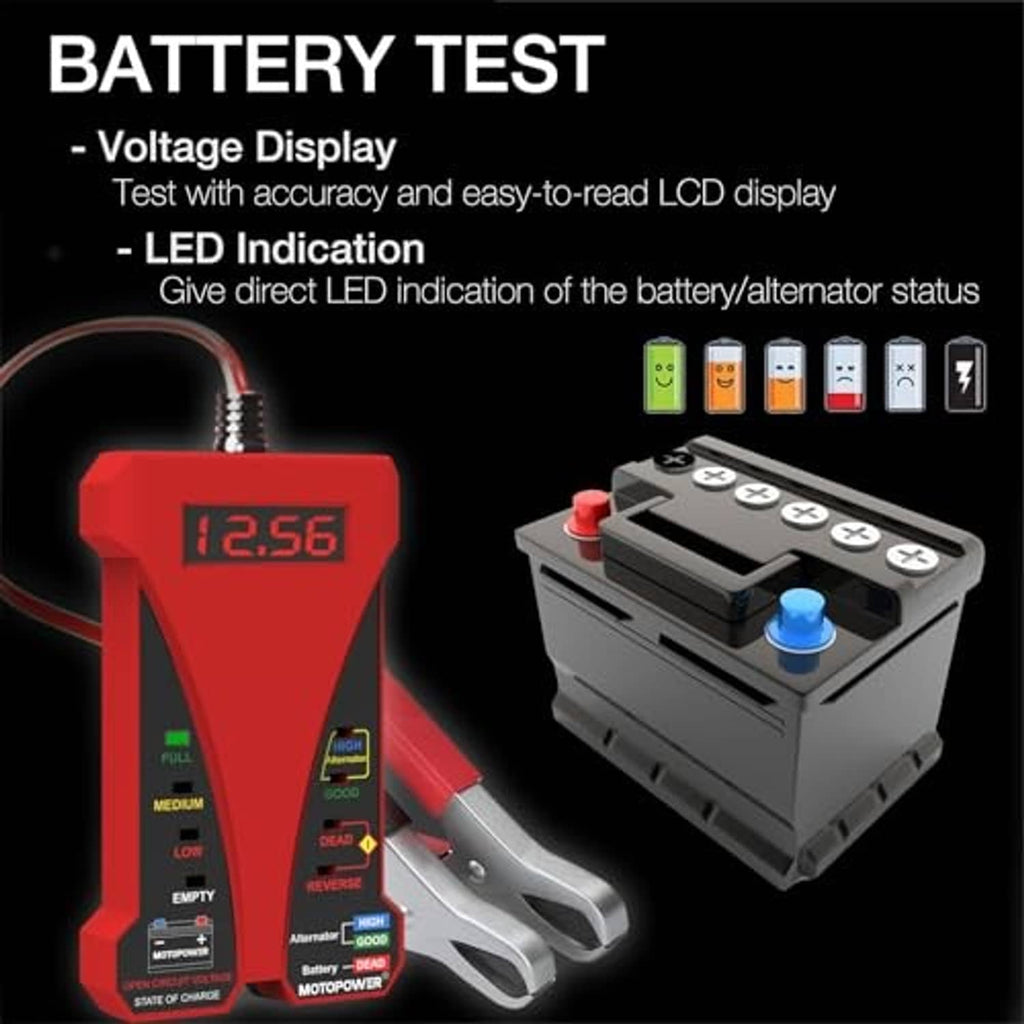 Red battery tester with digital LCD voltage screen and red clamp cables