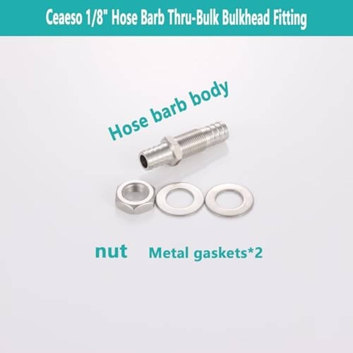 Stainless steel hose barb bulkhead fitting set: barbed body, nut, and metal gaskets