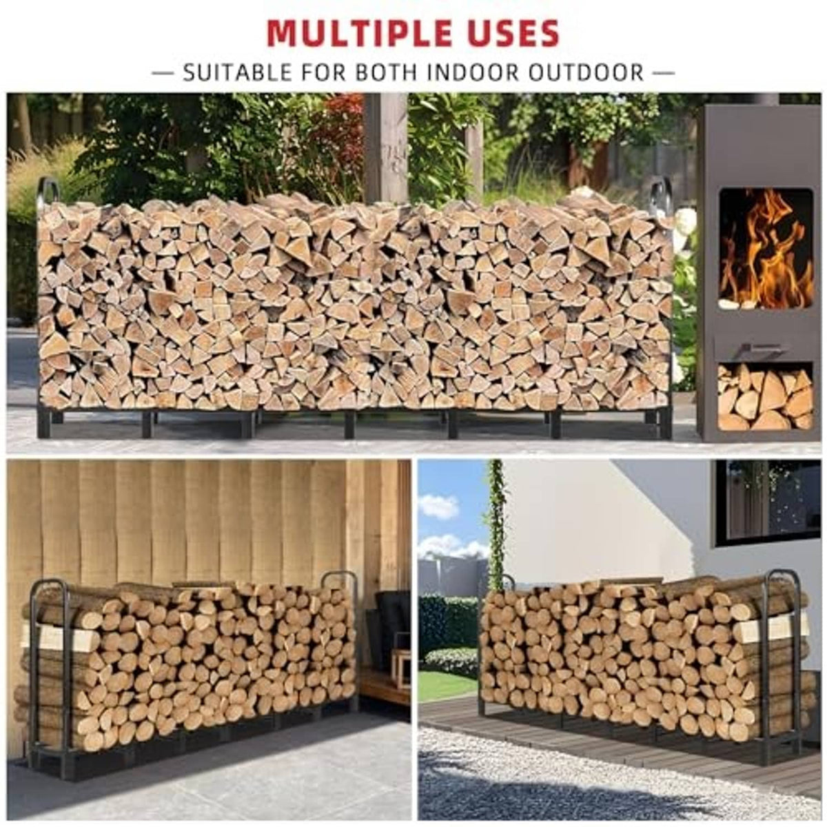Outdoor firewood rack with stacked logs and black steel base, shown without cover