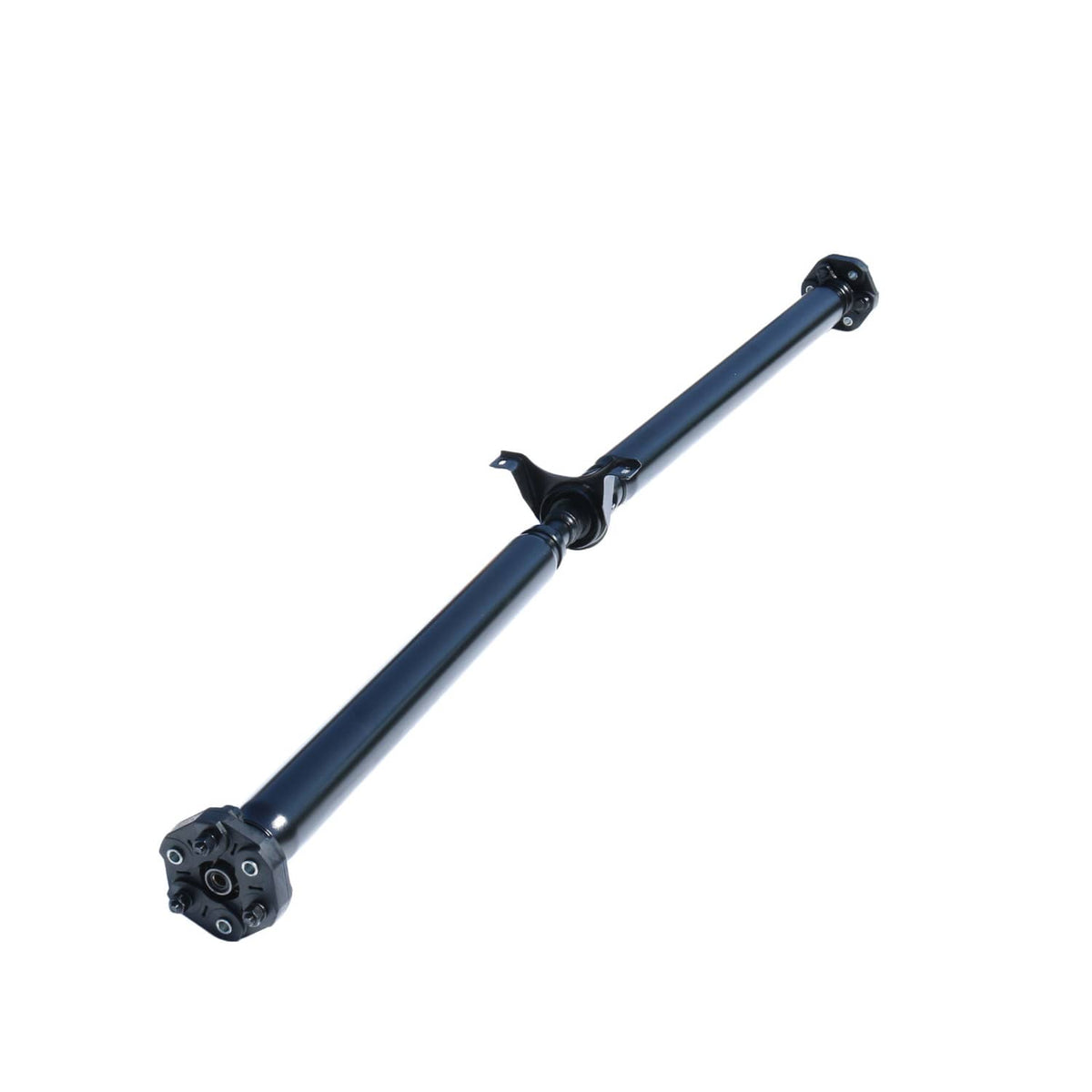Rear drive shaft assembly shown diagonally with yokes and mounting hardware on dark blue tube