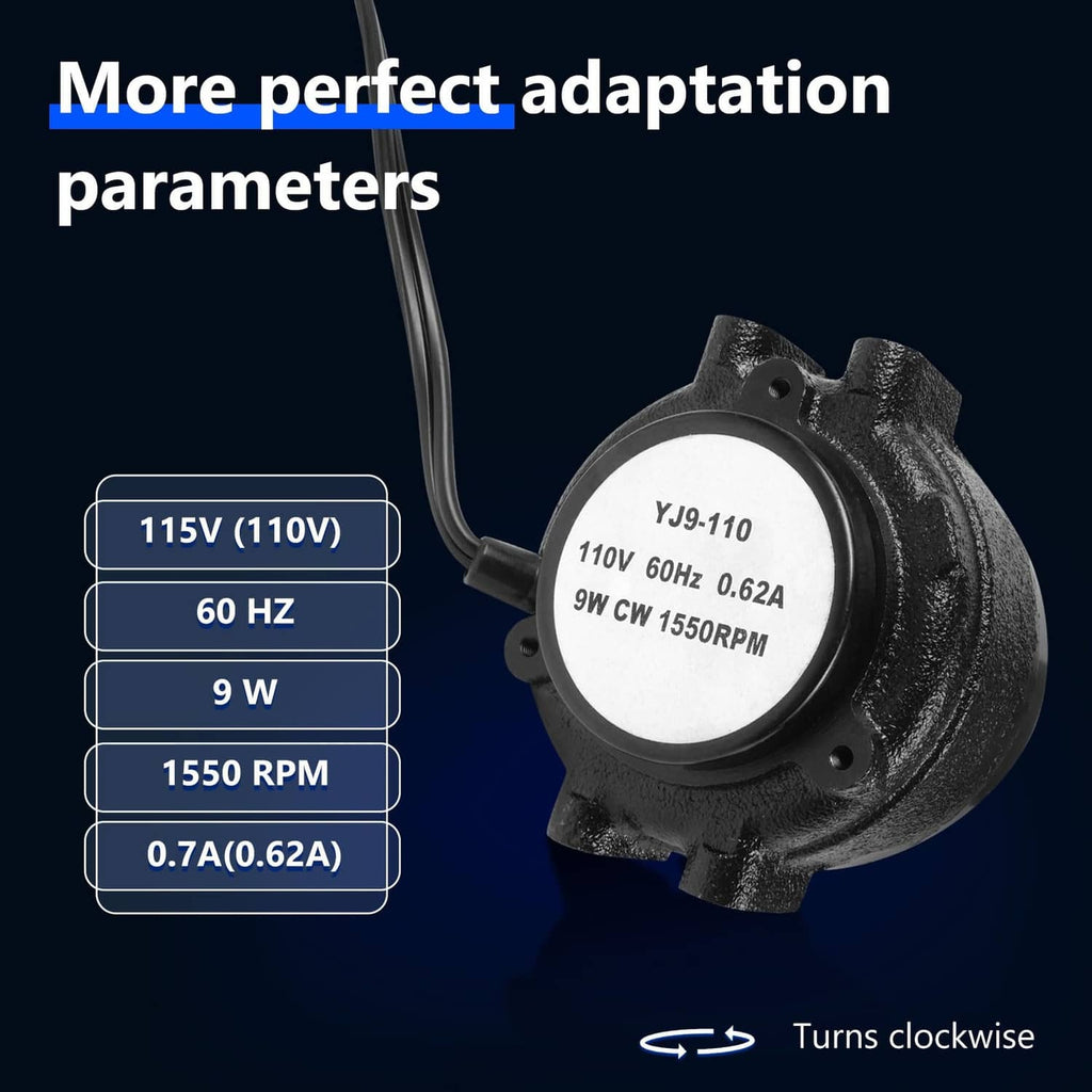Black fan motor with circular rating label and angled wiring lead
