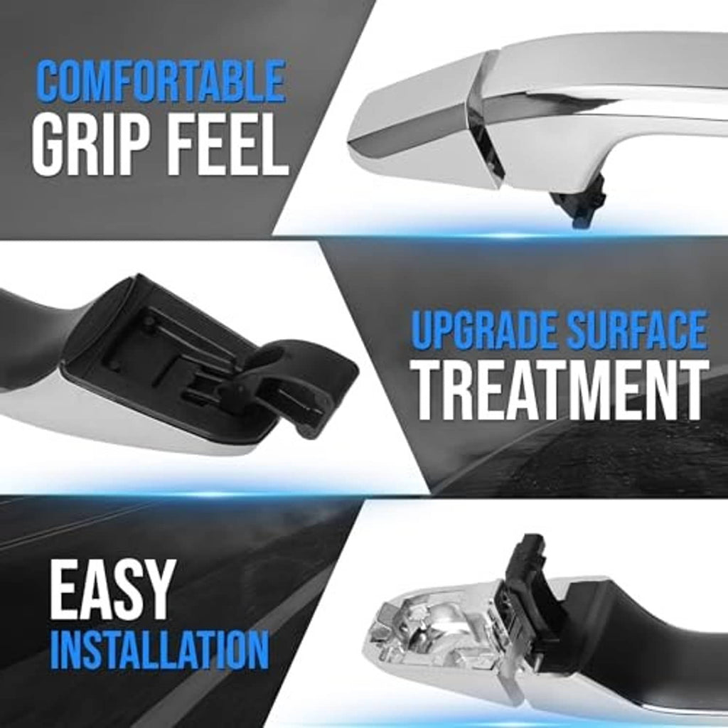 Chrome exterior door handle with black mounting base and attachment bracket