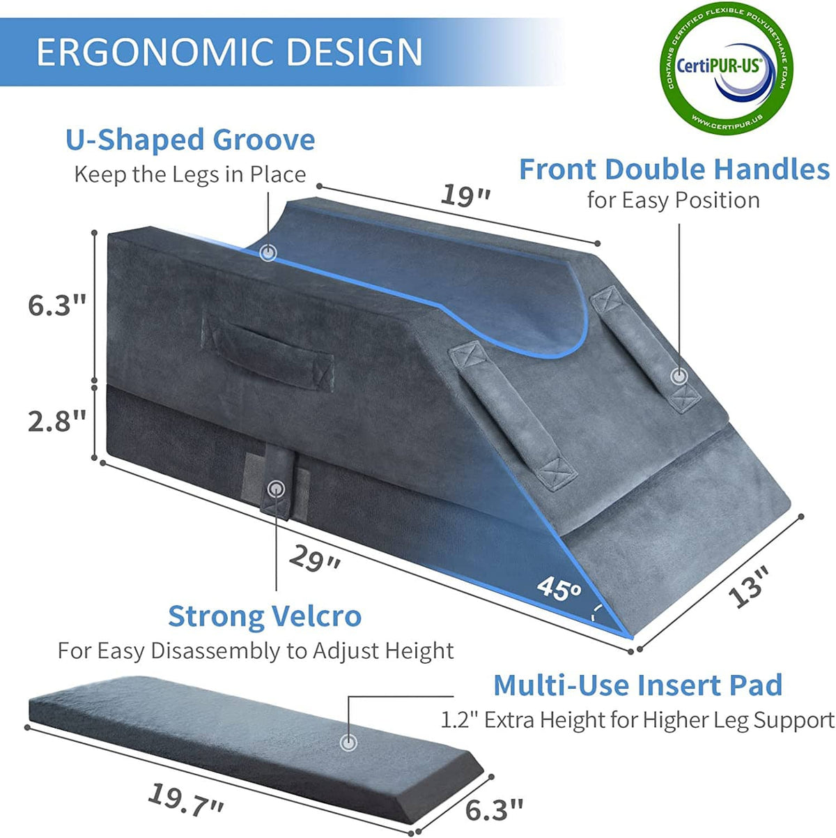 Adjustable leg elevation pillow with U-groove and front double handles, dark gray