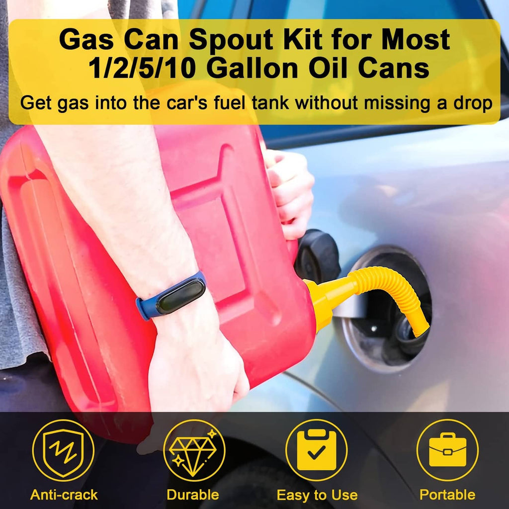 Yellow gas can spout nozzle filling a car fuel port