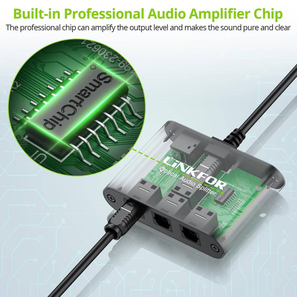 Optical audio splitter PCB with built-in green amplifier chip and Toslink port openings