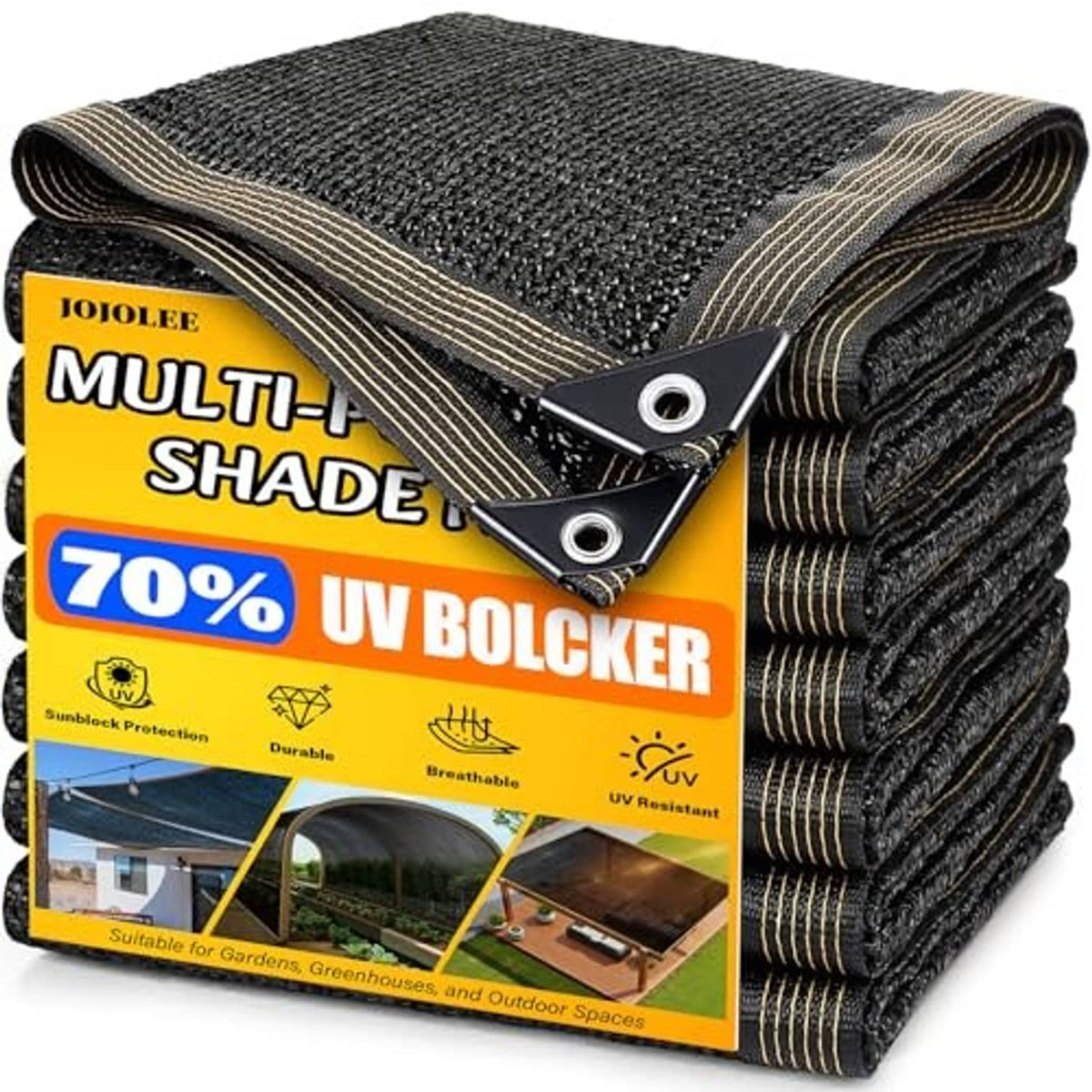 70% shade cloth sun shade net, stacked black mesh roll with tan edge trim and two grommets