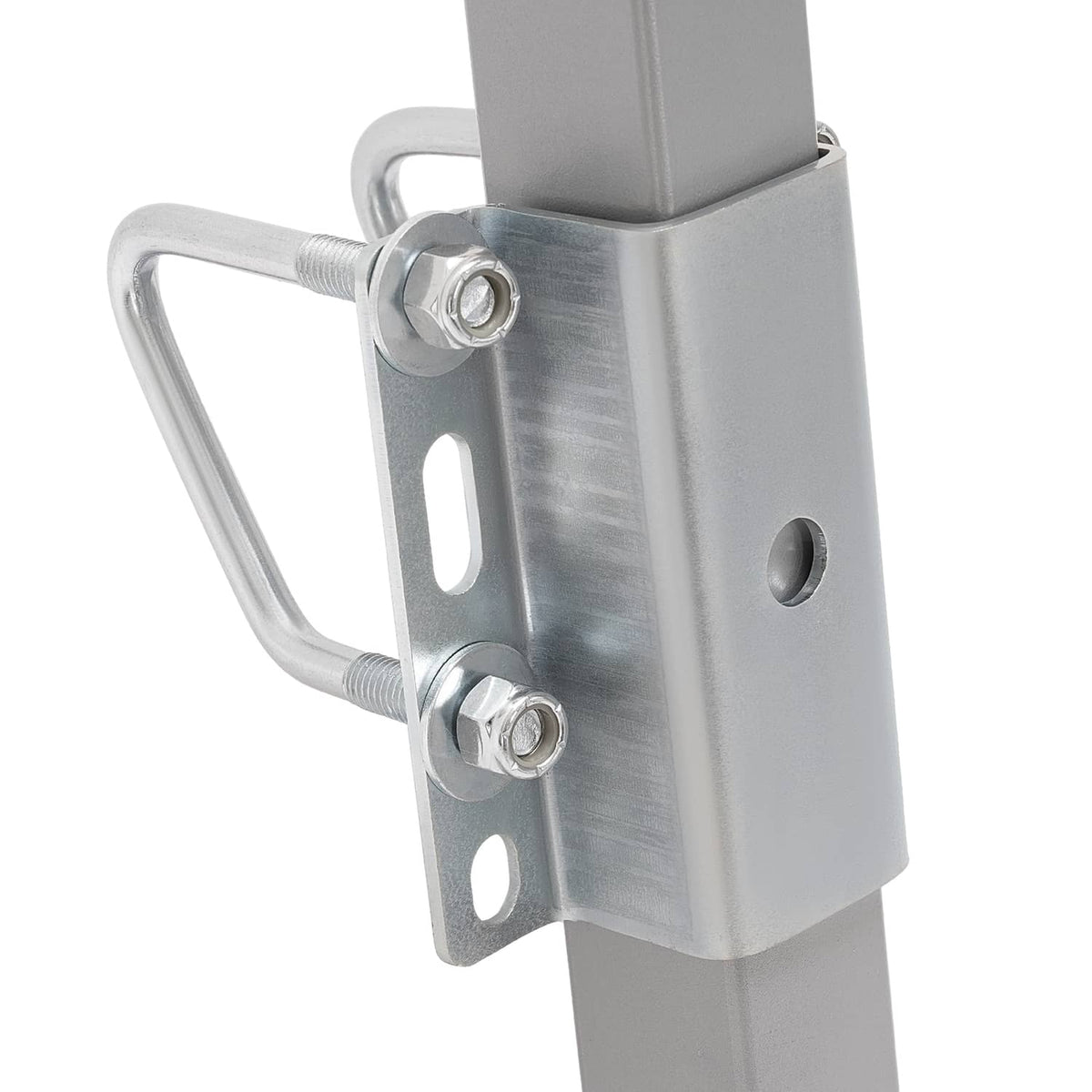 Close-up of galvanized trailer cross bar side bracket with two mounting bolts