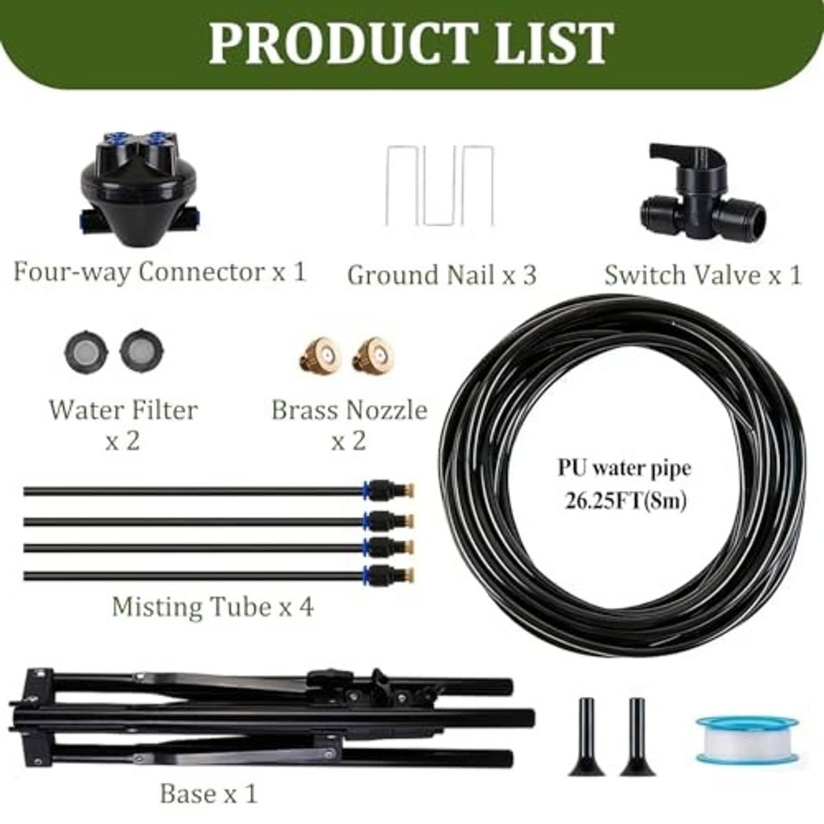 Outdoor misting system kit components: connectors, nozzles, filter, tubes, hose, base
