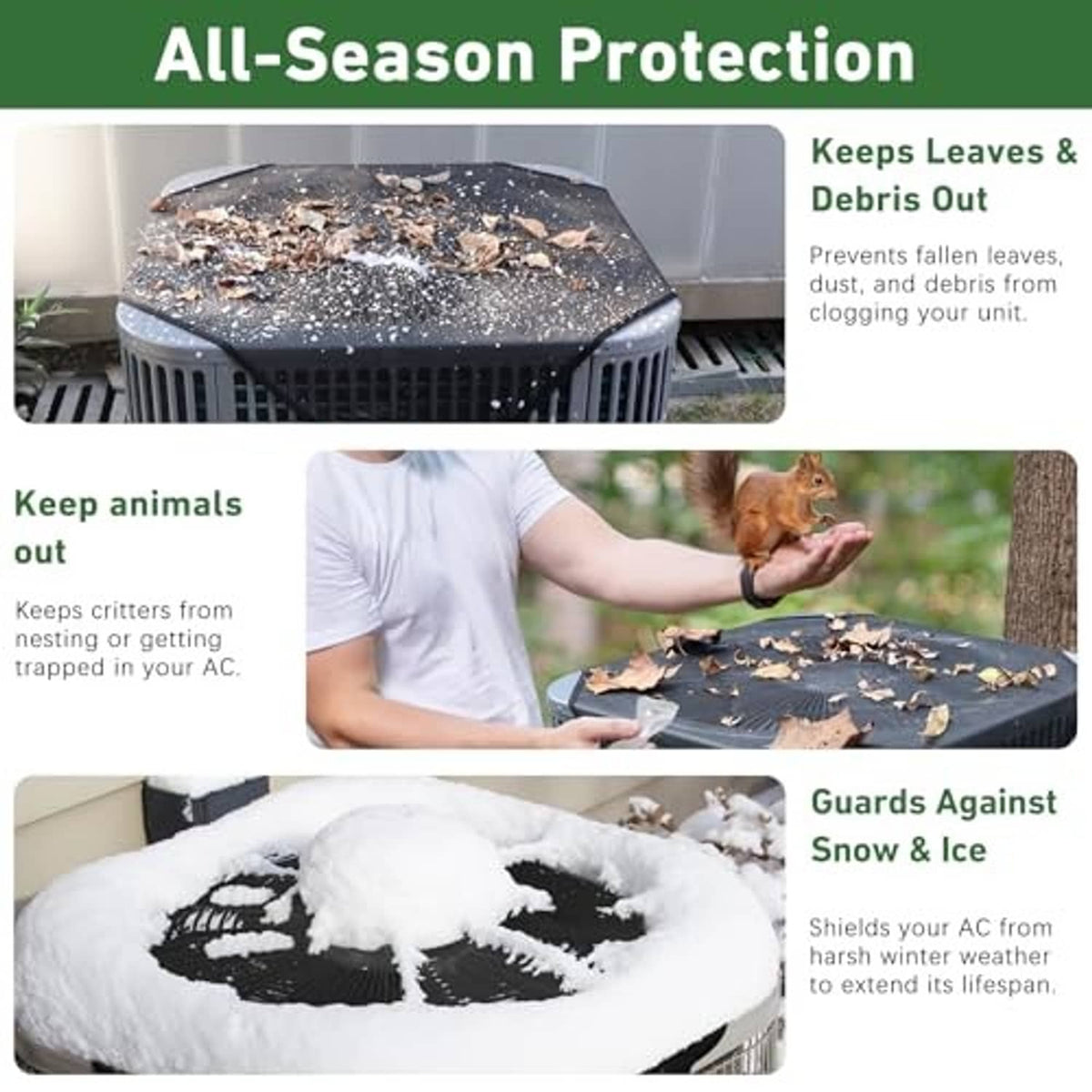 Mesh AC cover for outdoor protection against leaves, snow, and ice
