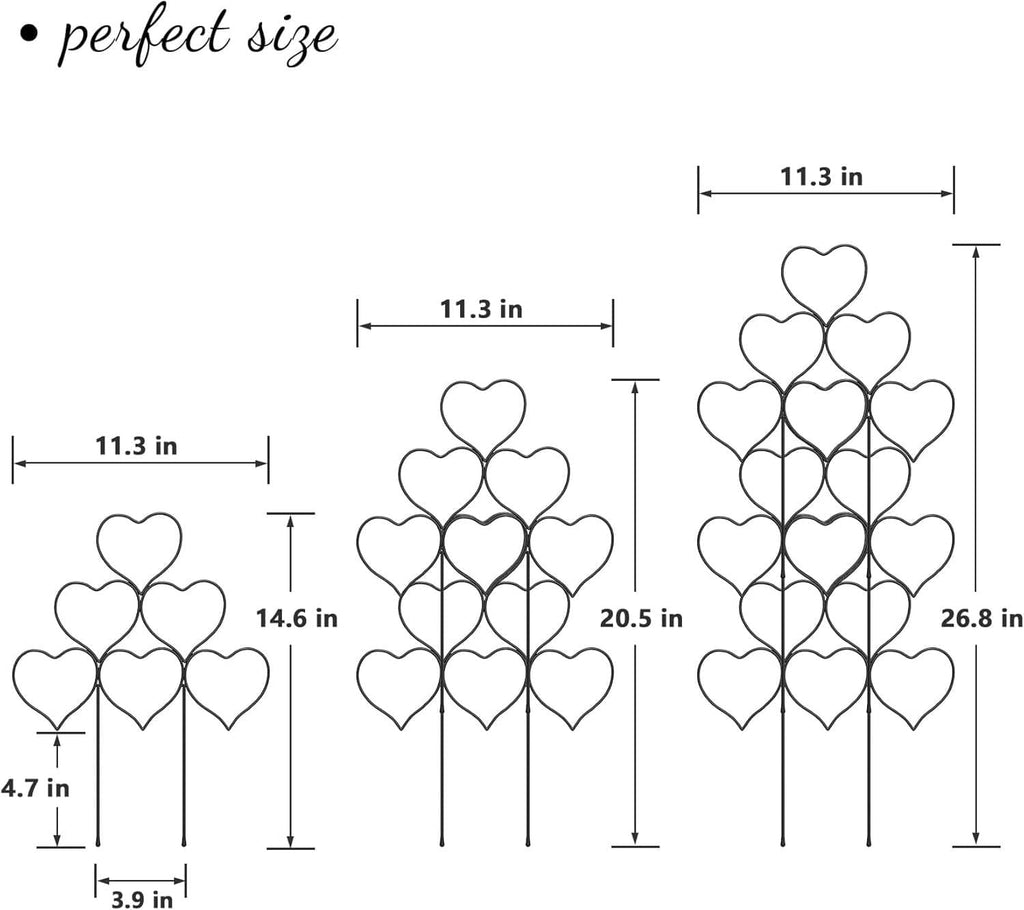 Metal heart plant trellis size diagram with 11.3 in and 26.8 in heights