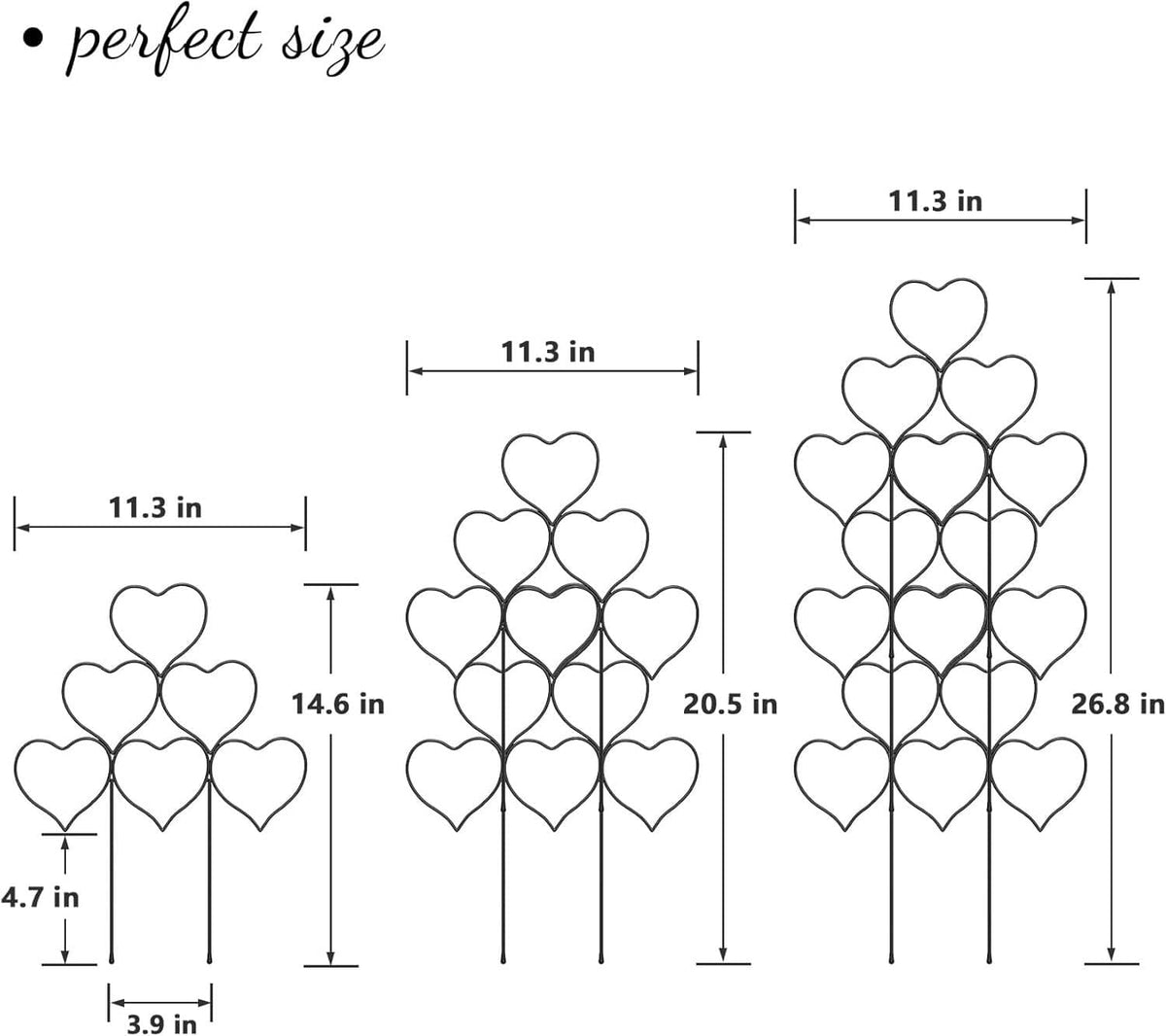 Metal heart plant trellis size diagram with 11.3 in and 26.8 in heights