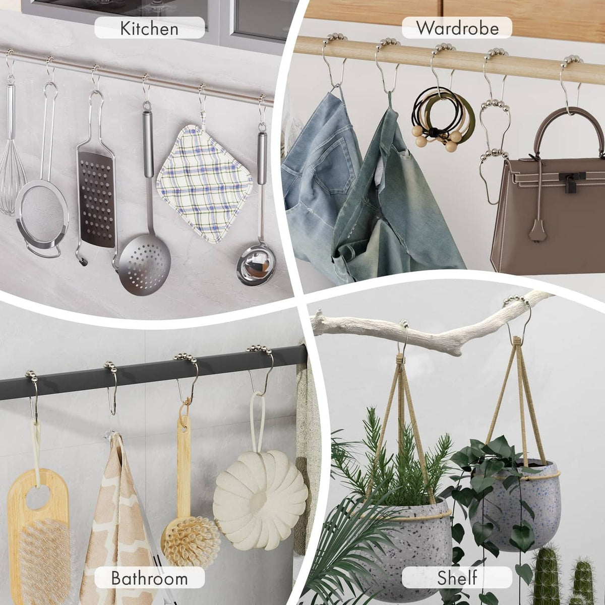 Polished nickel hanging shower curtain hooks with bead tops on multiple rods