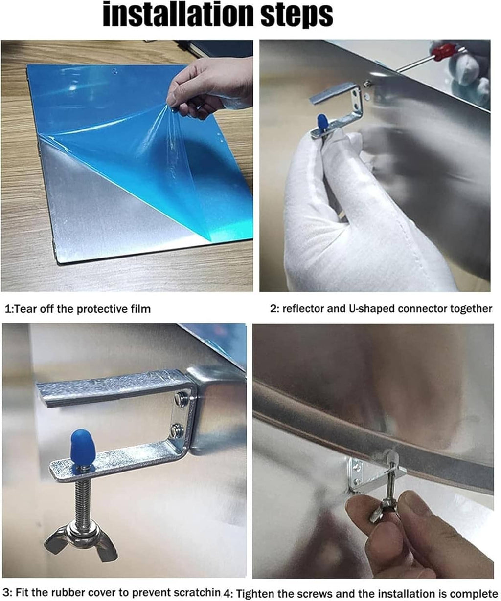 Reflector shield installation steps showing mounting and protective film removal