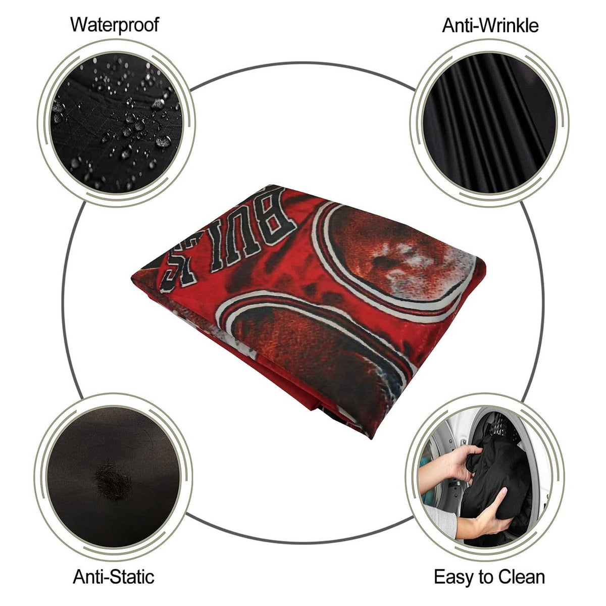 Red barber cape fabric with icons for waterproof, anti-wrinkle, and easy clean