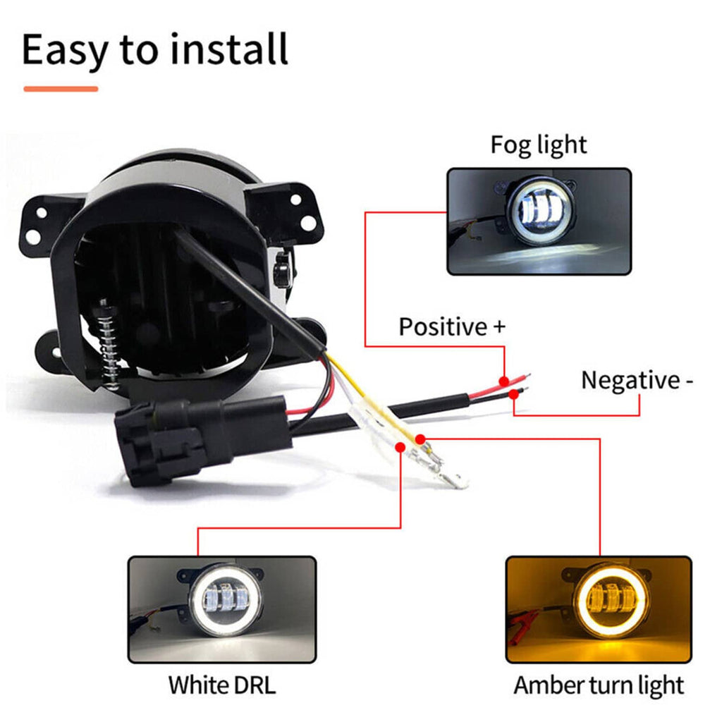 LED fog light lamp with wiring diagram showing positive and negative terminals