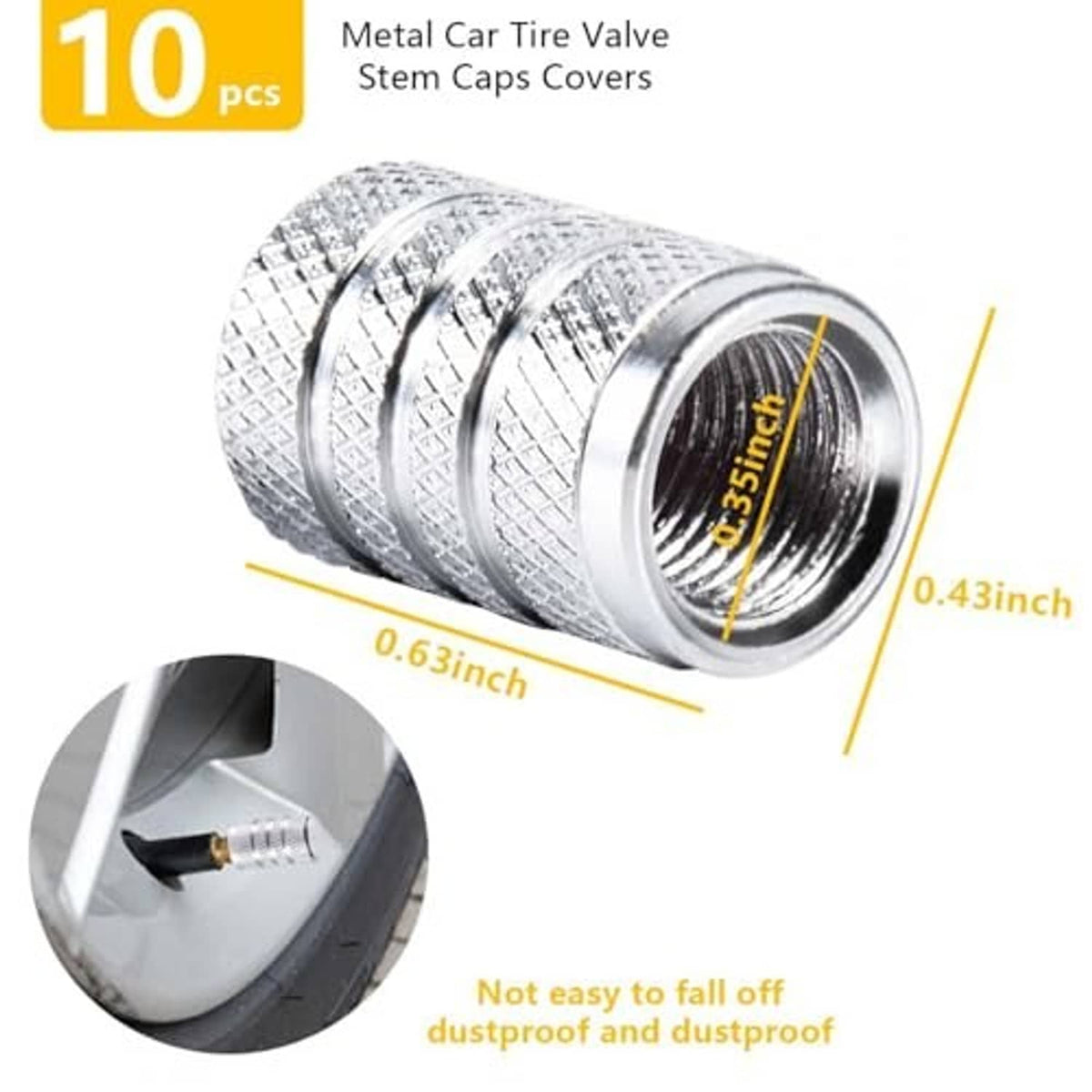 Metal tire valve stem cap covers in silver with knurled texture and threaded opening