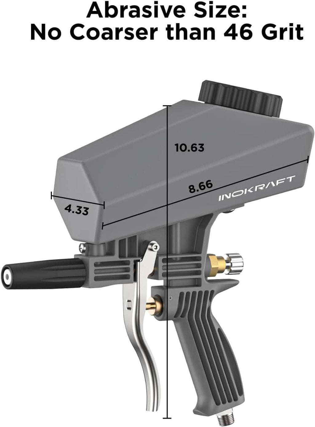 Portable sand blaster gun with abrasive hopper and trigger, front profile view with measurements
