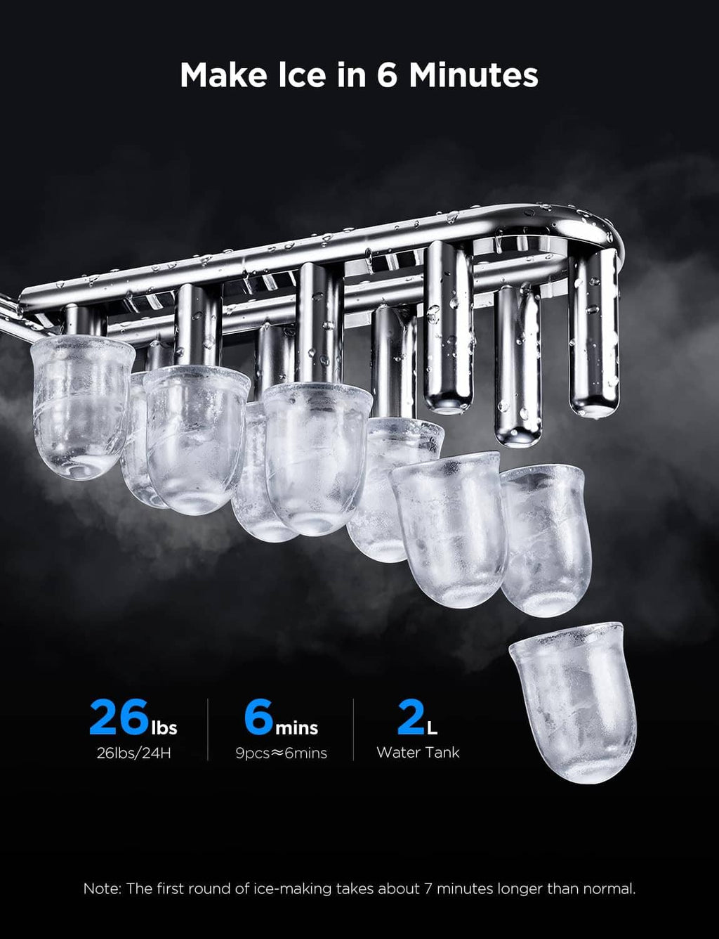 Countertop ice maker dispensing ice cubes into a transparent tray with water line