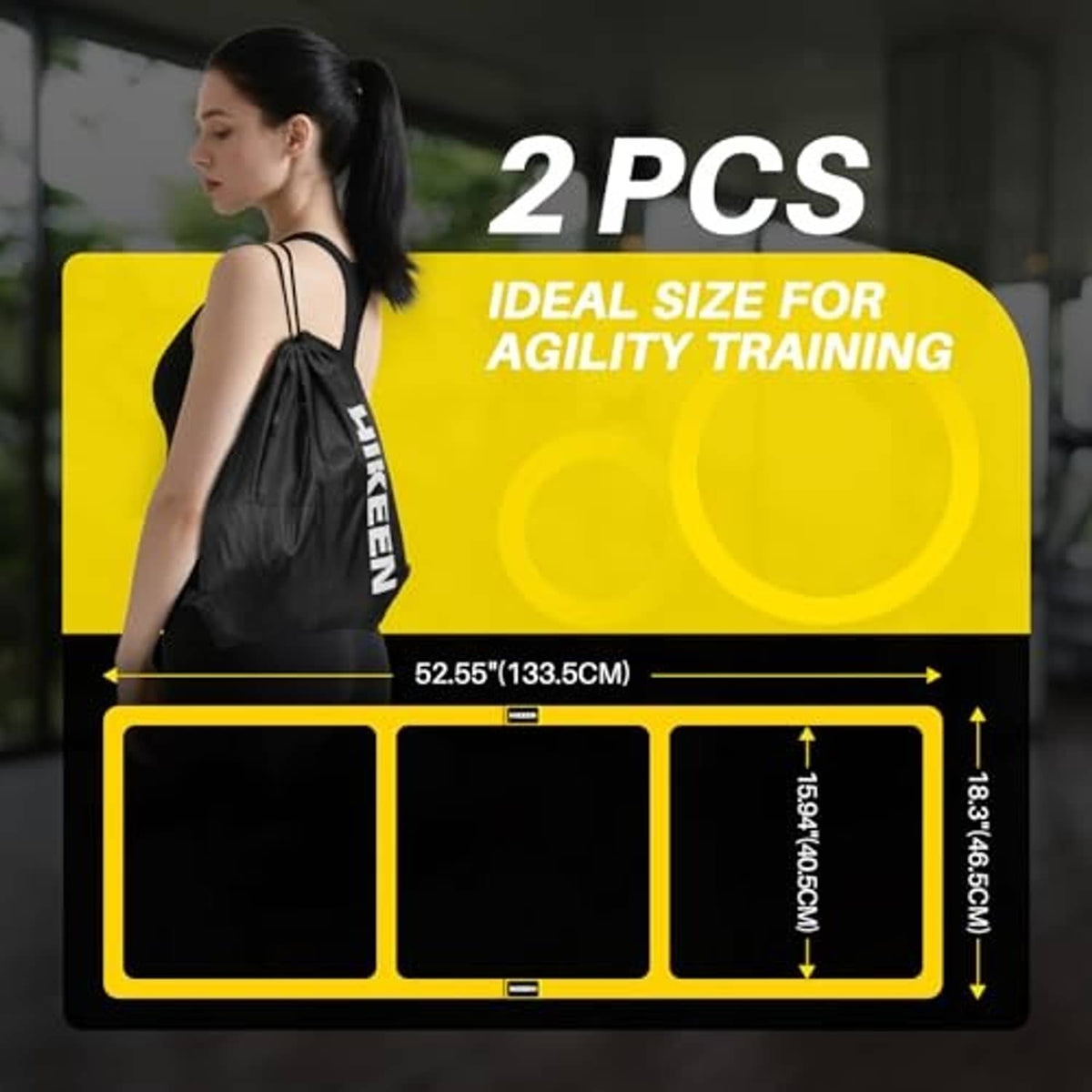 Yellow agility ladder set with two sections and a size layout diagram