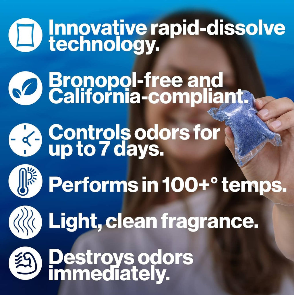Walex Porta-Pak rapid-dissolve technology info graphic with blue drop-in packet