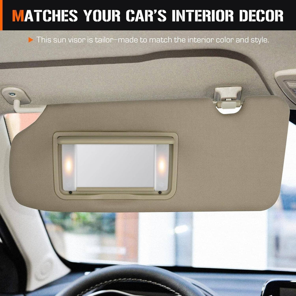 Beige left driver sun visor with illuminated vanity mirror in car