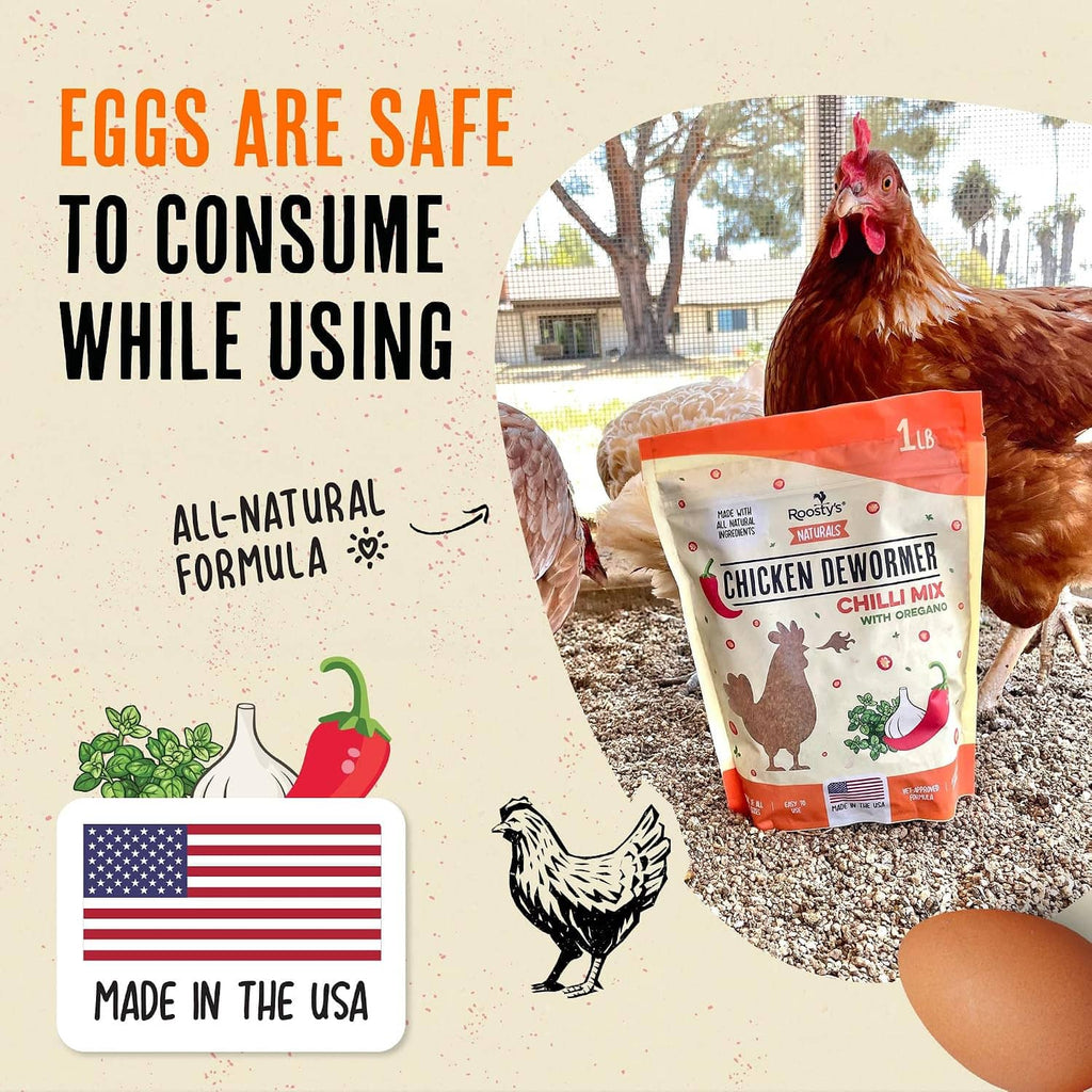 Eggs are safe while using dewormer, chicken beside Roosty's Naturals pouch