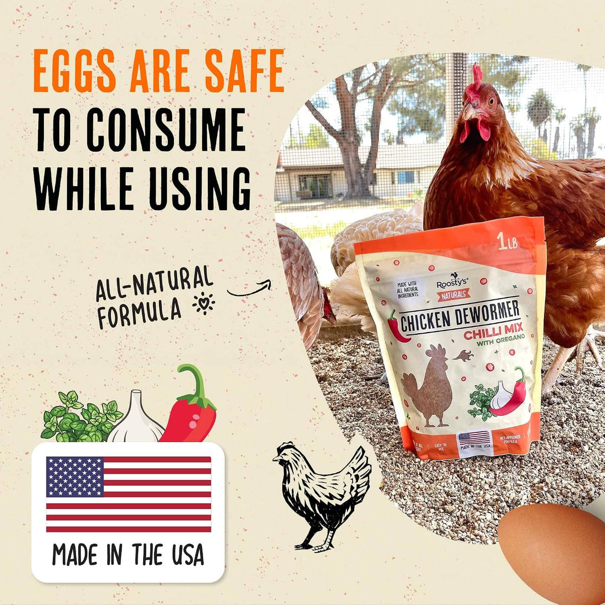 Eggs are safe while using dewormer, chicken beside Roosty's Naturals pouch