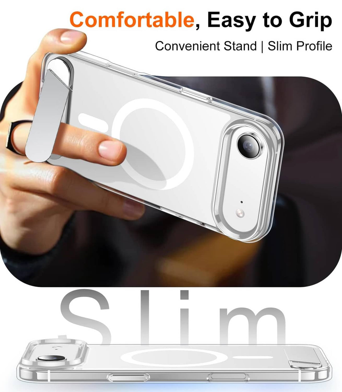 Clear iPhone Air case with kickstand, slim transparent design and grippy side frame
