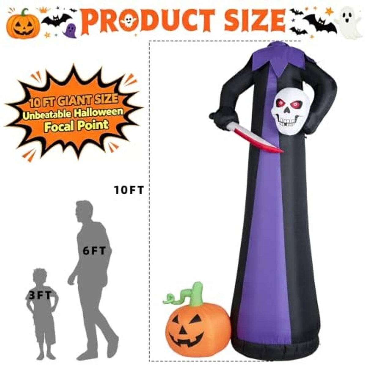 10ft inflatable headless Halloween figure, skull mask with purple robe and red scythe