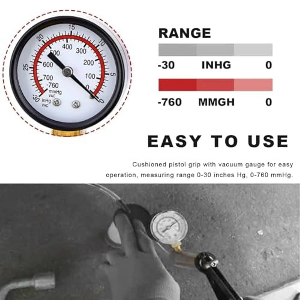 Vacuum pressure gauge dial with vacuum pump setup and handheld measuring view