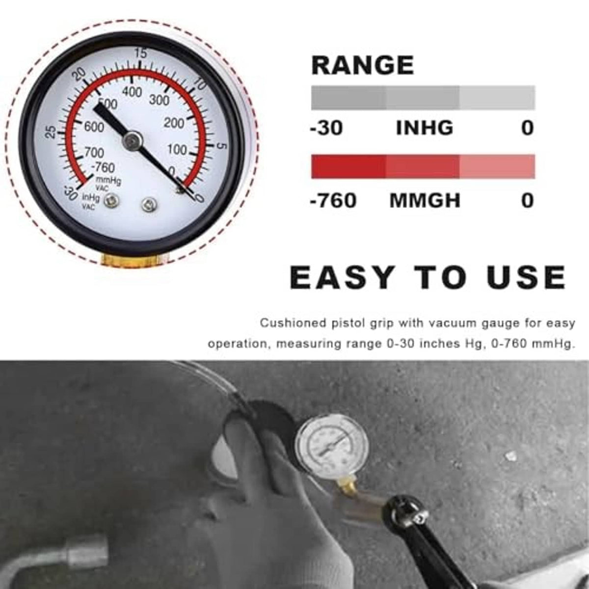 Vacuum pressure gauge dial with vacuum pump setup and handheld measuring view