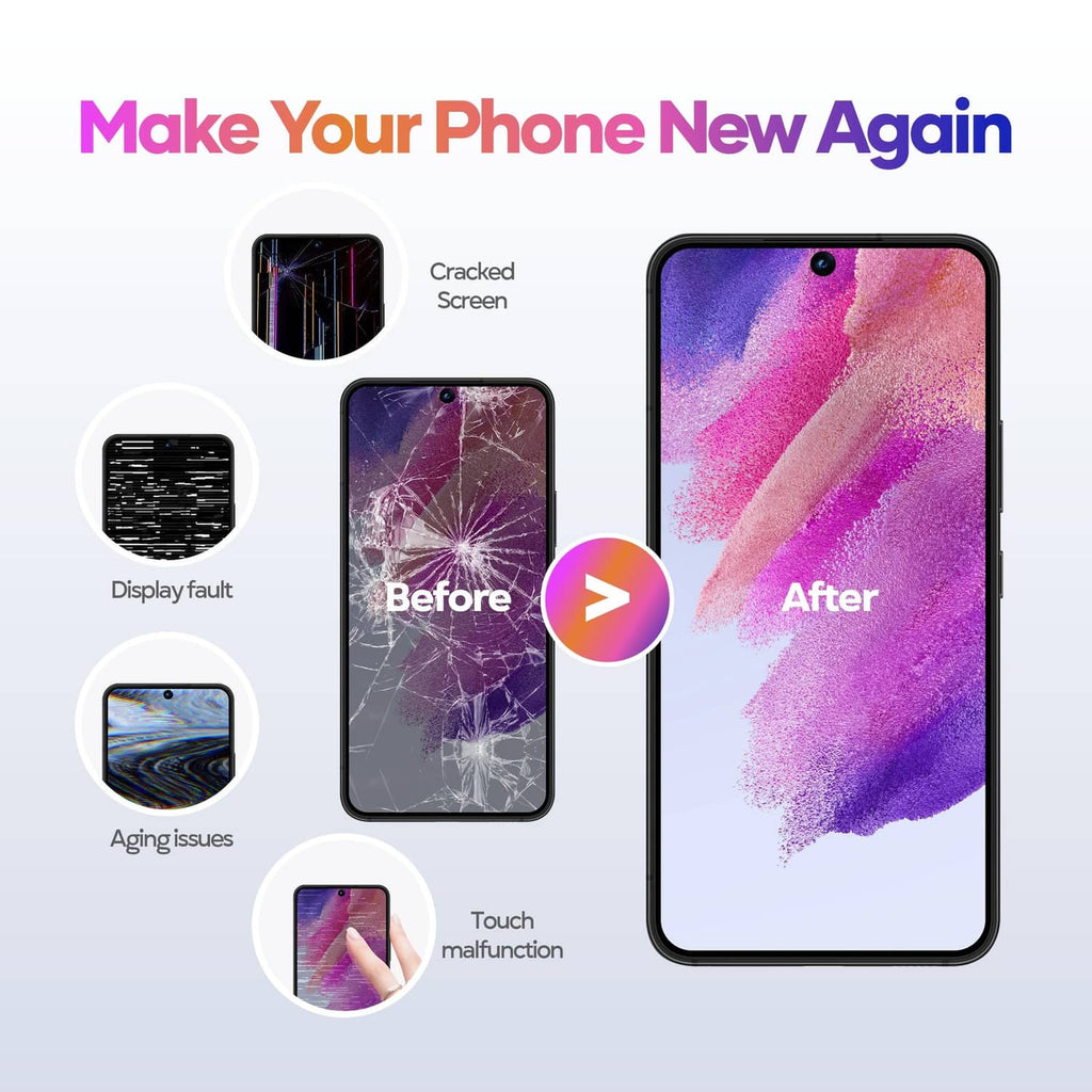 LCD screen replacement showing restored display on black-framed smartphone