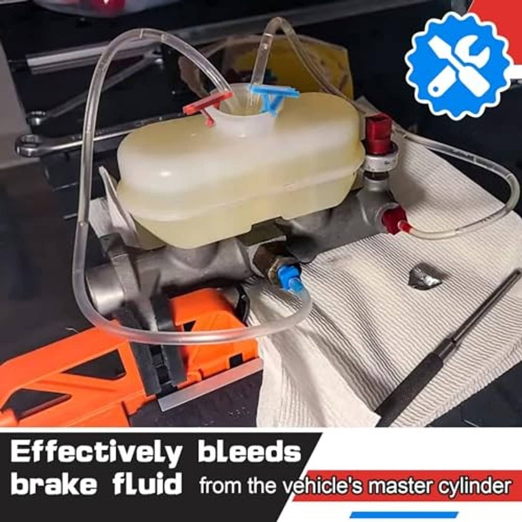 Master cylinder bleeder kit installed: clear tubing with blue and red fittings on master cylinder