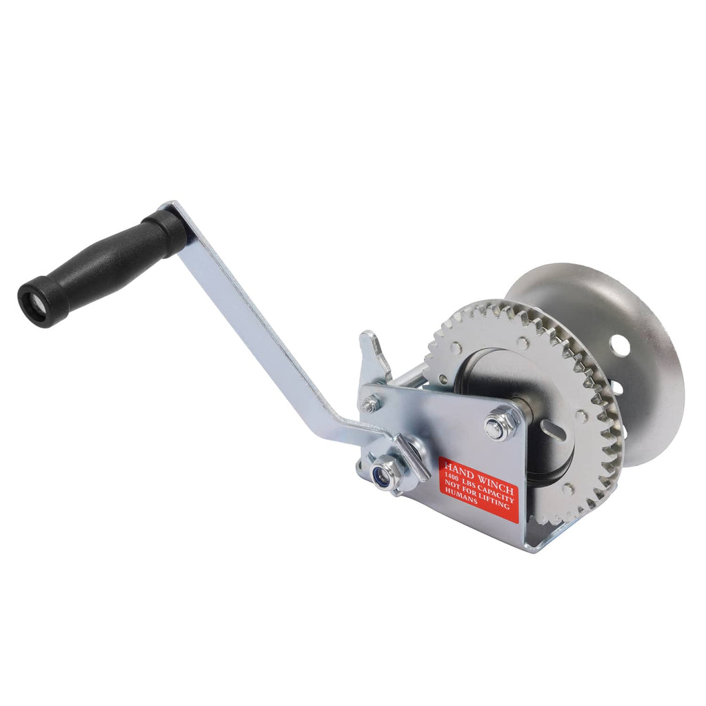 Hand winch with ratchet drum, black crank handle, and mounting bracket
