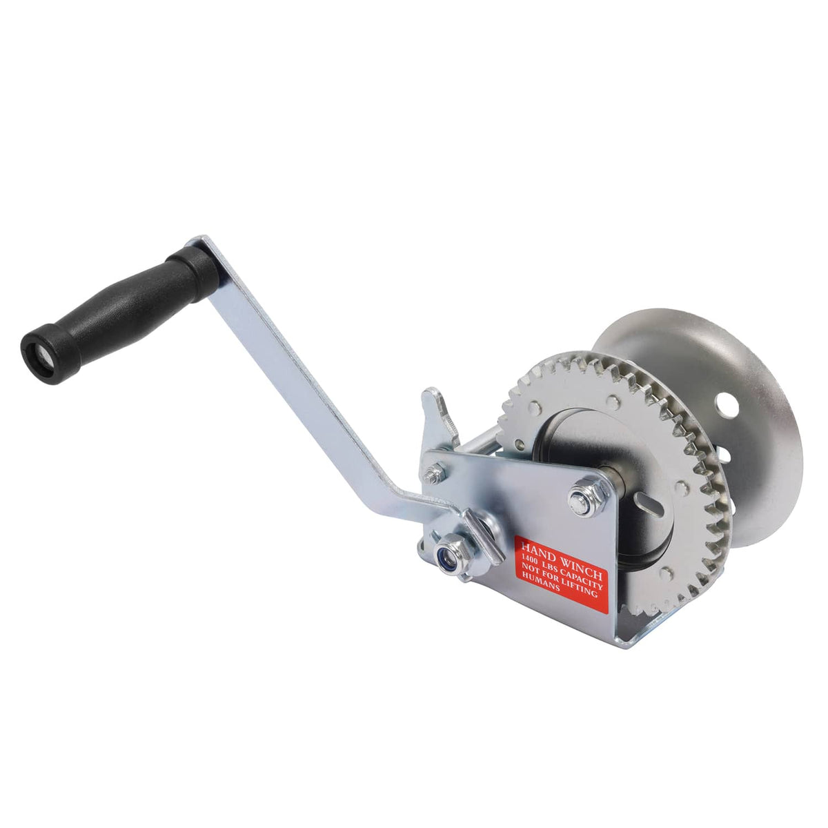 Hand winch with ratchet drum, black crank handle, and mounting bracket