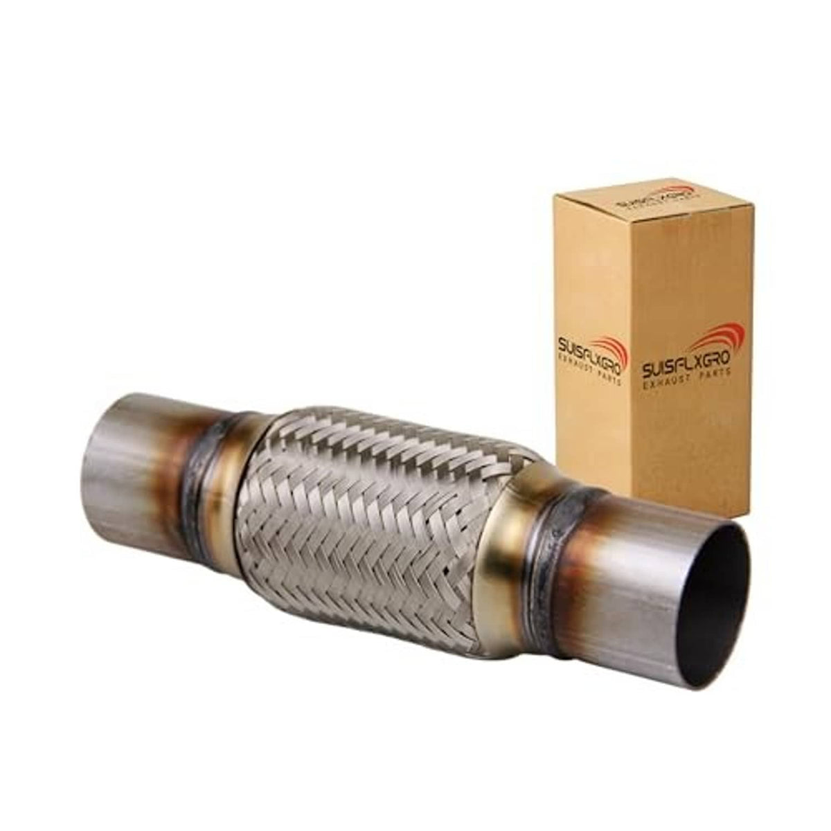 Stainless steel flex exhaust pipe with braided sleeve ends and retail box