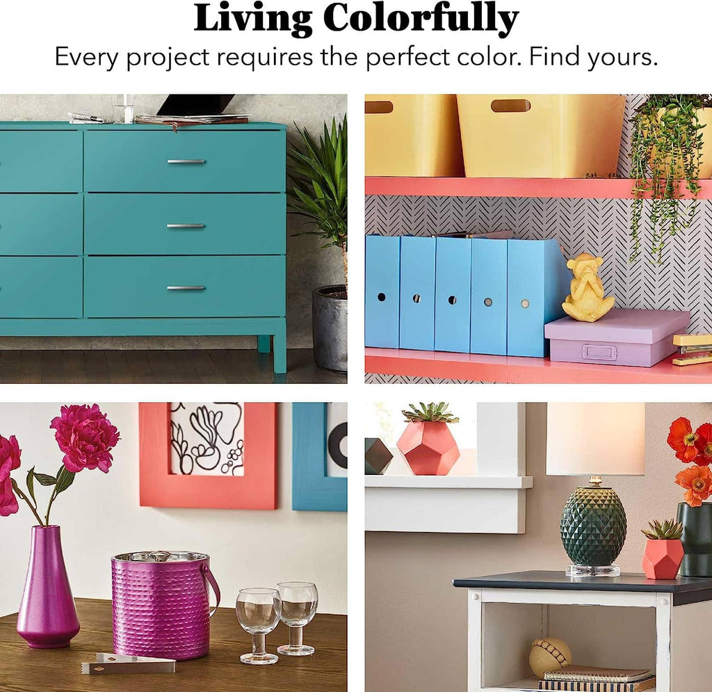 Colorful paint projects display with cabinets and drawers in multiple colors
