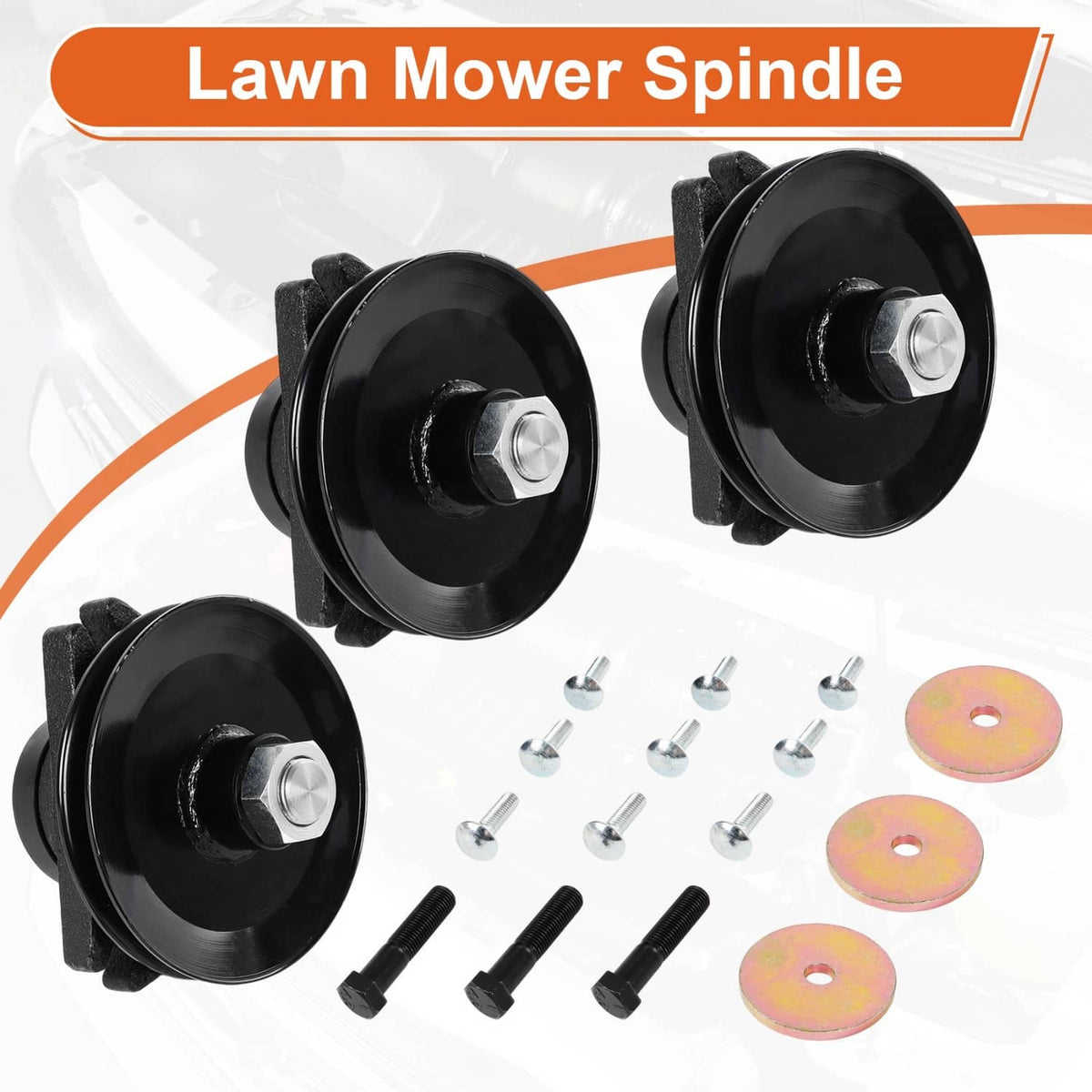 Lawn mower spindle kit with black pulley wheels and included mounting screws