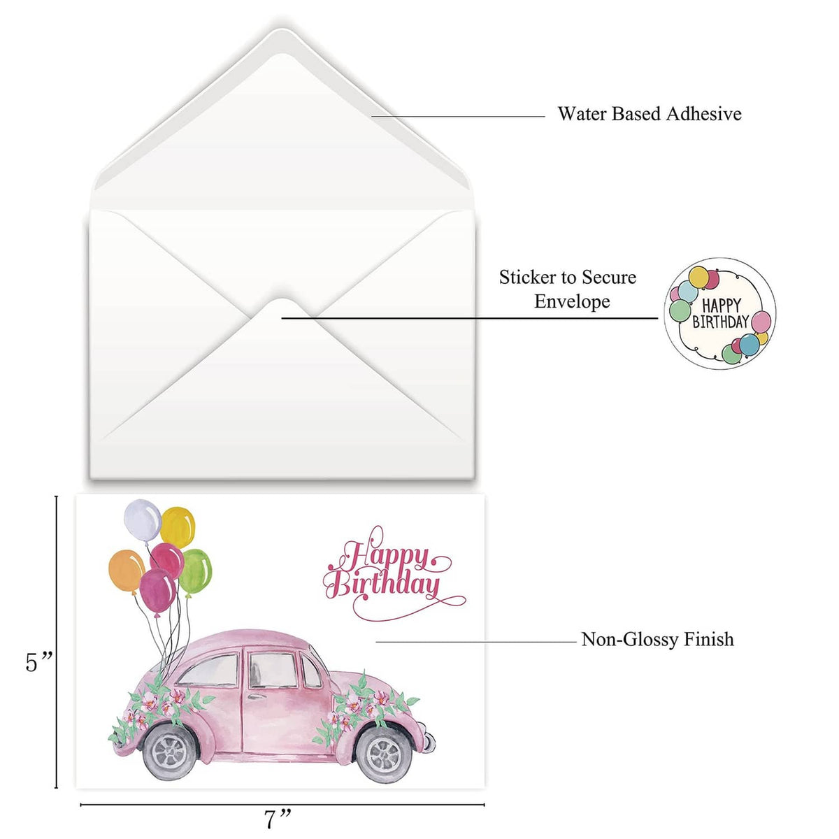 Birthday card with white envelope, water-based adhesive label, and non-gloss finish