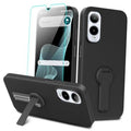 Black phone case with glass screen protector and built-in kickstand for phone grip